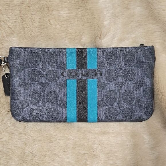 COACH VARSITY STRIPE CHARCOAL TURQUOISE WRISTLET - Picture 1 of 5